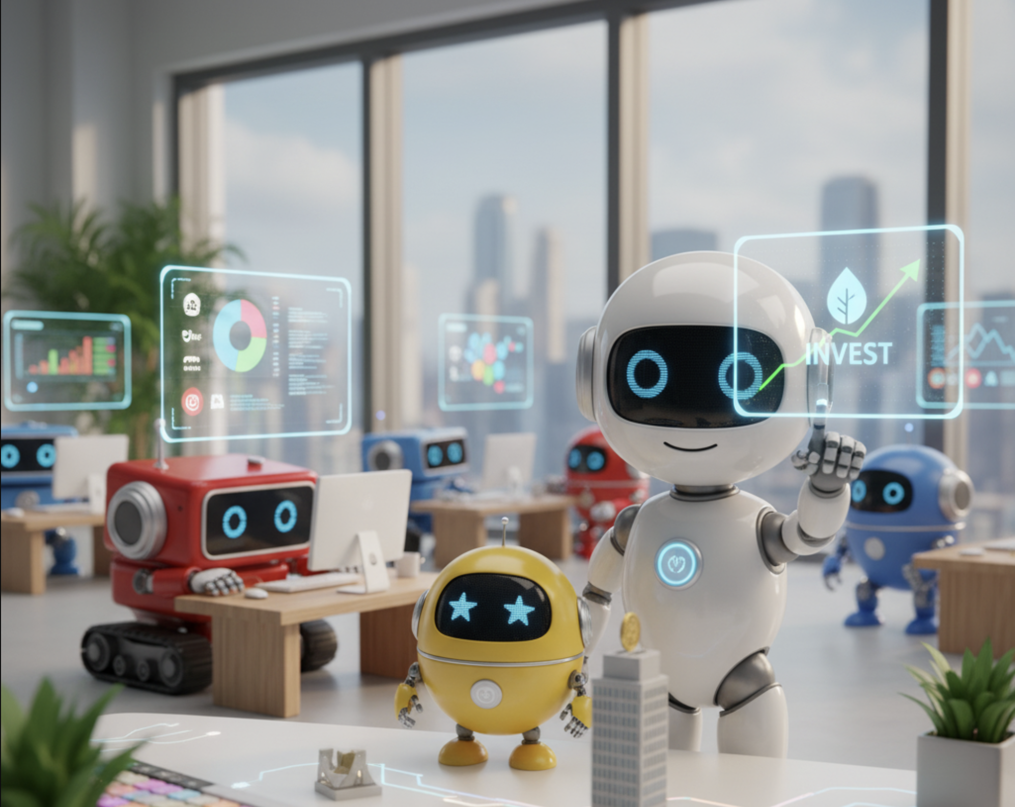 Robot instructor leading a classroom with a large investment growth display